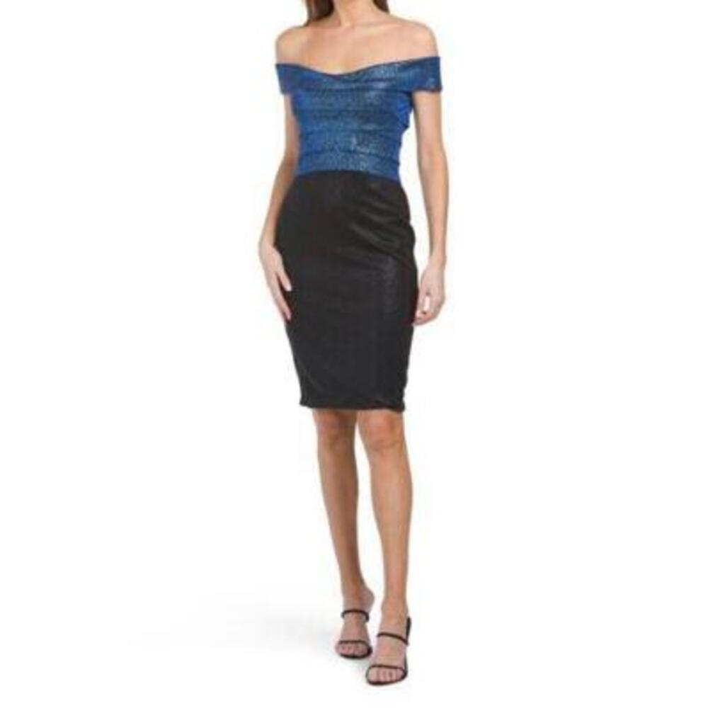 NWT UNIQUE RENE BY RENE RUIZ blue black Metallic Layered Cocktail Dress 6